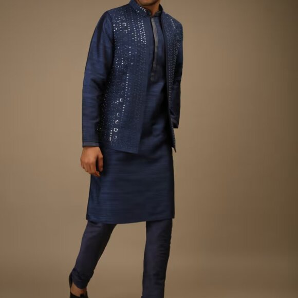 BRAND NEW Navy Blue Nehru Jacket And Kurta Set KALKI Size 38/M - Picture 6 of 6